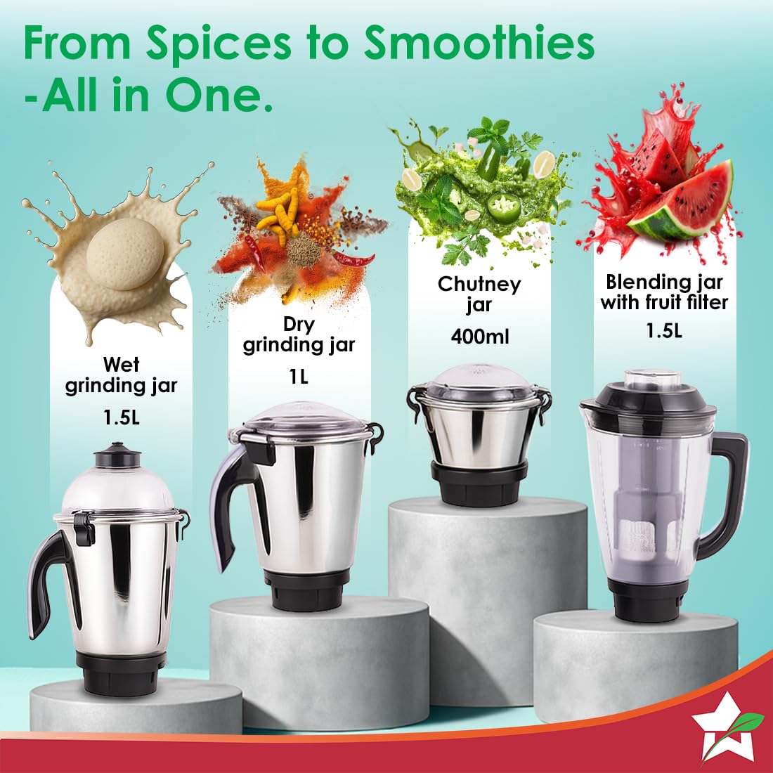 Wonderchef Galaxy Mixer Grinder 1000 W 100% Copper Motor, 4 Stainless Steel Jars, Black & Grey, 5 Years Warranty