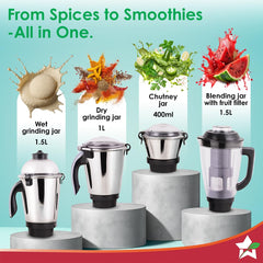 Wonderchef Galaxy Mixer Grinder 1000 W 100% Copper Motor, 4 Stainless Steel Jars, Black & Grey, 5 Years Warranty