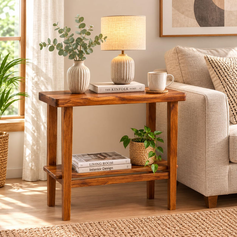 Solid Sheesham Wood C Shape Side Table for Living Room | Modern Sofa End Table | Wooden Laptop Table for Bed | 