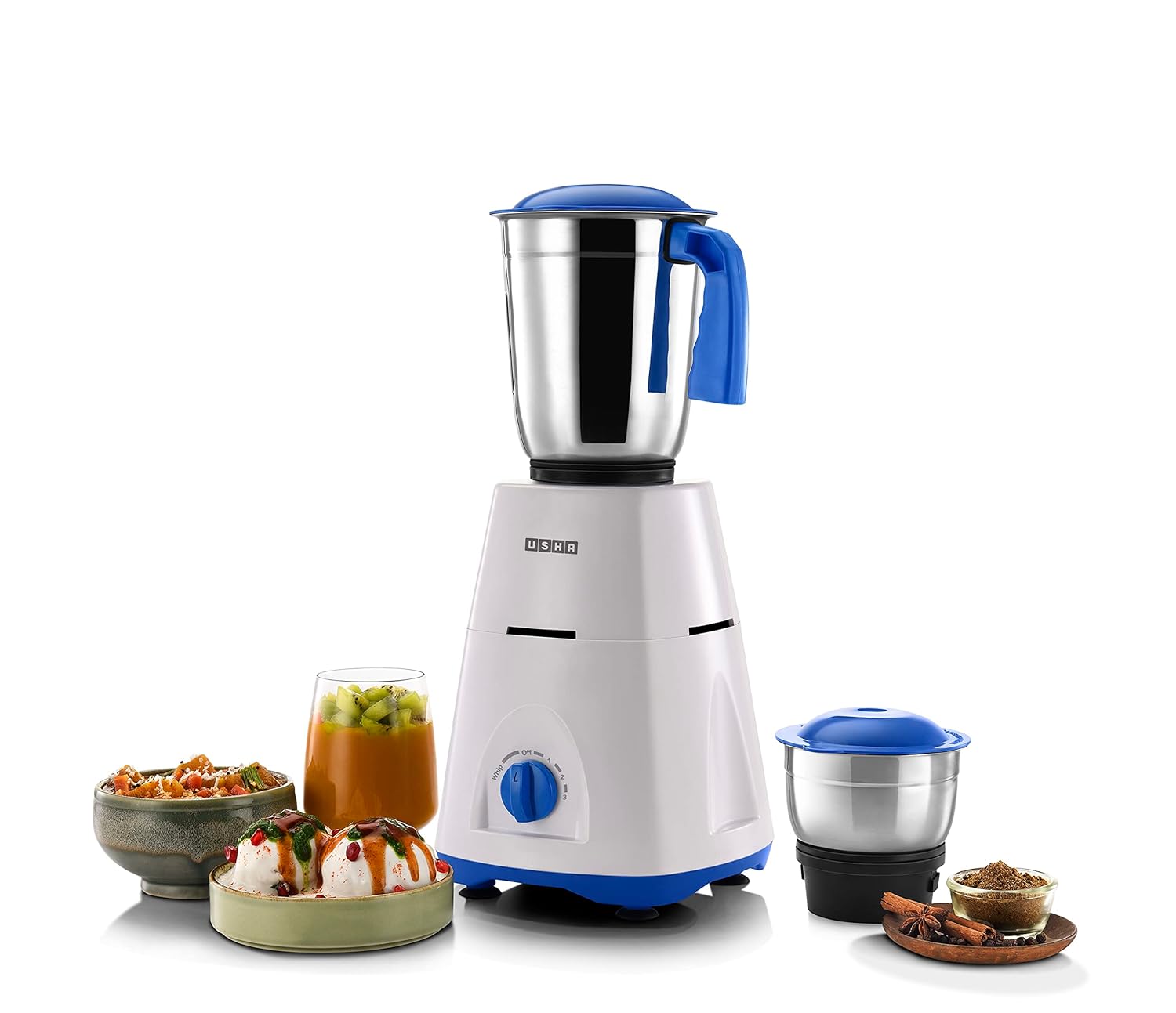 Usha MG3750 MG 500-Watt 2 Stainless Steel Jars with 3-speed mode,100% Copper Motor with 2 years Product Warranty & 5 Years Motor Warranty, White & Blue