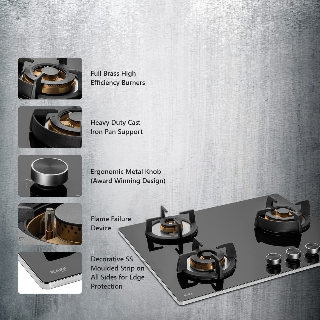 Kaff Bellini BLH 603 Built-in Hobs 3 Burners, Auto Electric Ignition Glass Top, 60 CM, Full Brass Burners, FFD (Flame Fa