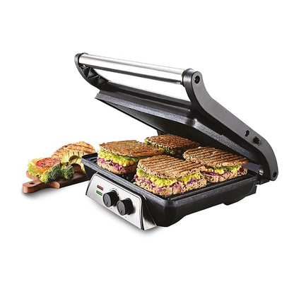 Usha iChef Sandwich Grill | 2000 Watt| Large 4 Slice Flat Bread Griller | 0-180° Flat Bed | Temperature and Timer Control | Auto Shut-off after Pre-Set time |2 Years Warranty (Stainless steel)