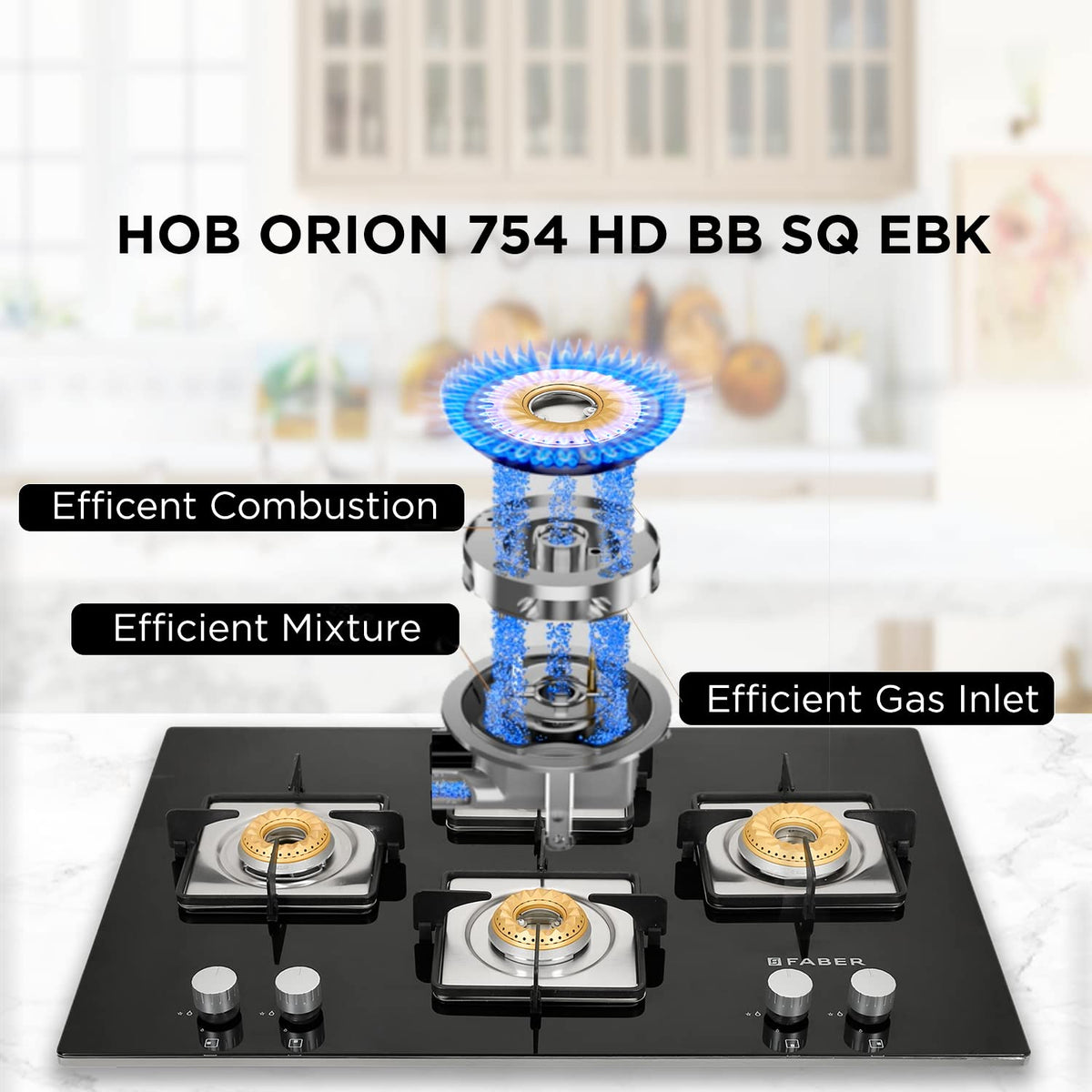 Faber Hob/Hobtop 3 Brass Burner, Electric Auto Ignition, Glass Top(HOB Orion 753 HD BB EBK) Black