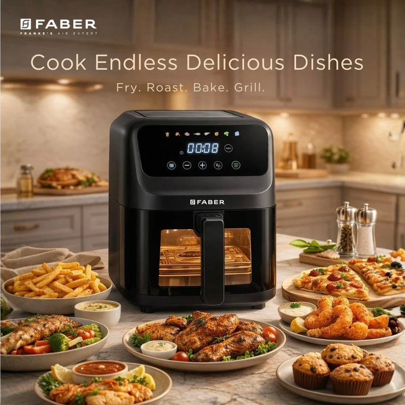 Faber 6L 1500W Digital Air Fryer | Fry, Bake, Roast | 85% Less Oil, 200°C Swirl Heating Technology |8-Preset Menu|View W