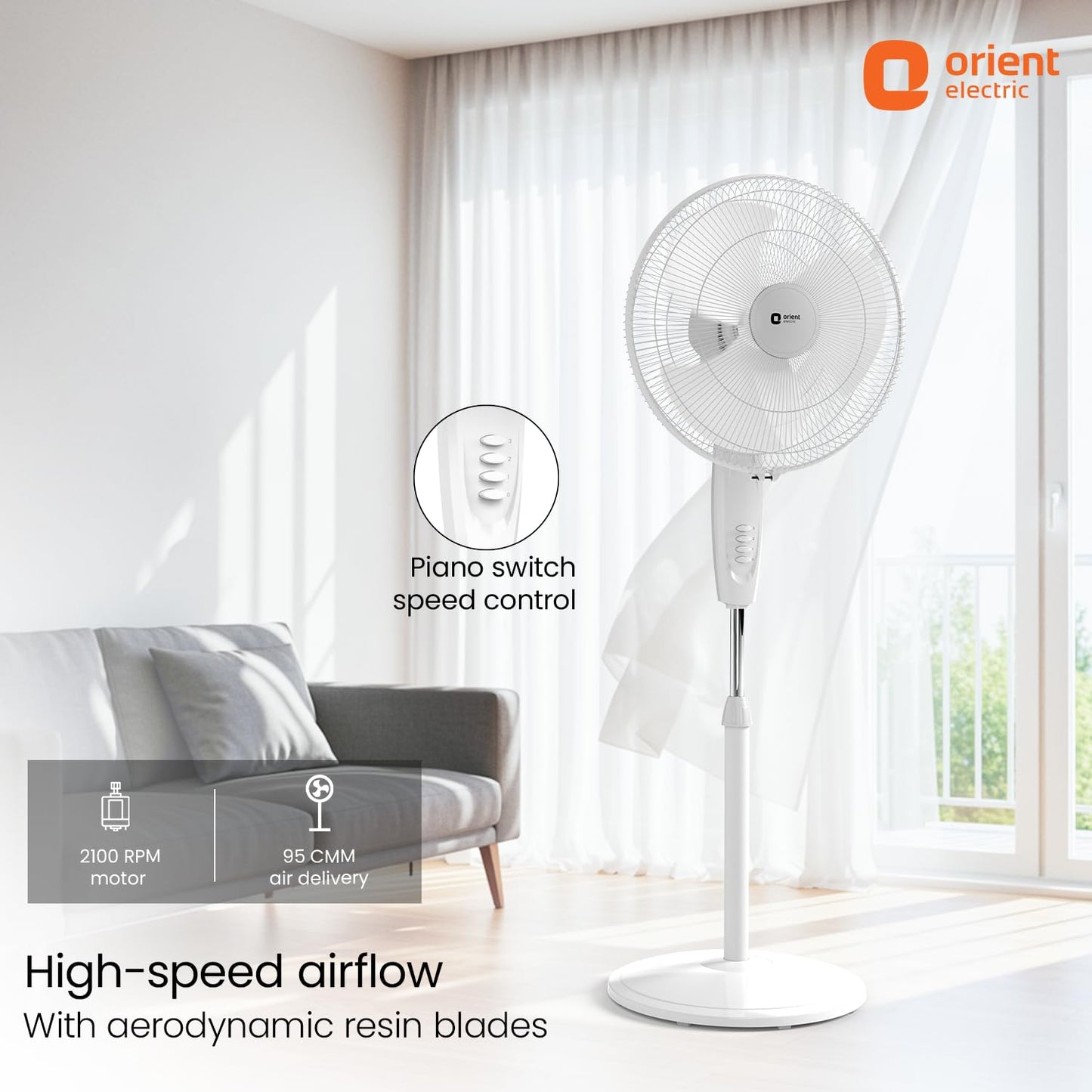 Orient Electric Stand 87 Pedestal Fan | High Speed 2100 RPM 95 CMM | 100% Copper Motor | 90 Degree Oscillation and Tilt | Adjustable Height | 3 Speed | Military Grade Guard| White