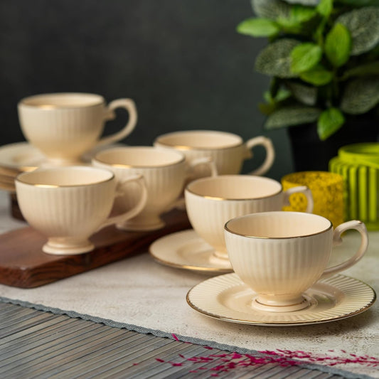 Clay Craft Fine Ceramic Julie Impression Cup & Saucer Set of 12 (6 Cups+6 Saucers)- 170 Ml Each- Elegant Design for Home and Kitchen and Can Be Gifted to Your Loved Ones On Any Occassions (IVORY1401)
