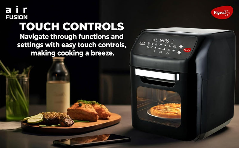 Pigeon by Stovekraft Air Fryer Oven 12L | 1800W | 2-in-1 Appliance - AirfryerOTG | Digital Touchscreen | 9 Preset Menu | Air Fry, Bake, Broil, Toast, Defrost (Black) | With Rotisserie | 7 Accessories