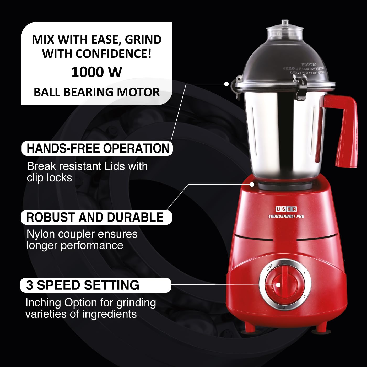 USHA Thunderbolt Pro 1000 Watts Copper Motor Mixer Grinder With 4 Jars|3 Heavy Gauge Food Grade Ss&1 Pc Transparent Break-Resistant Blender Jar With Fruit Filter|2 Yr Product&5Yrs Motor Warranty(Red)