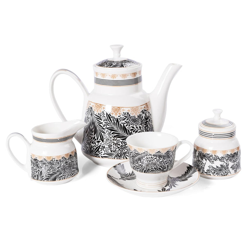 Clay Craft Fine Ceramic Tea Set of 15-1 Tea Pot with Lid +6 Cups+6 Saucers +1 Milk Pot + 1 Sugar Pot (Classic Super S311)