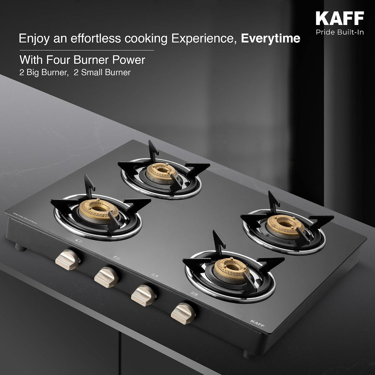 Kaff 4 Burner Gas Stove Top for Kitchen - 58CM Manual Ignition Cooktop For Modular Kitchen |Ergonomic Knob |Tri-Pin Bras