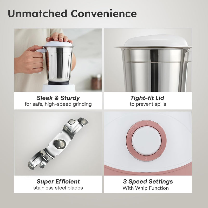 Prestige 500W Nexus Mixer Grinder with 3 Stainless Steel jars|1200ml Wet Jar,800ml dry jar, 400ml chutney jar|3 Super-efficient Blades|3 motor setting|Sturdy Handles |2 Yrs Warranty|White & Rose Gold