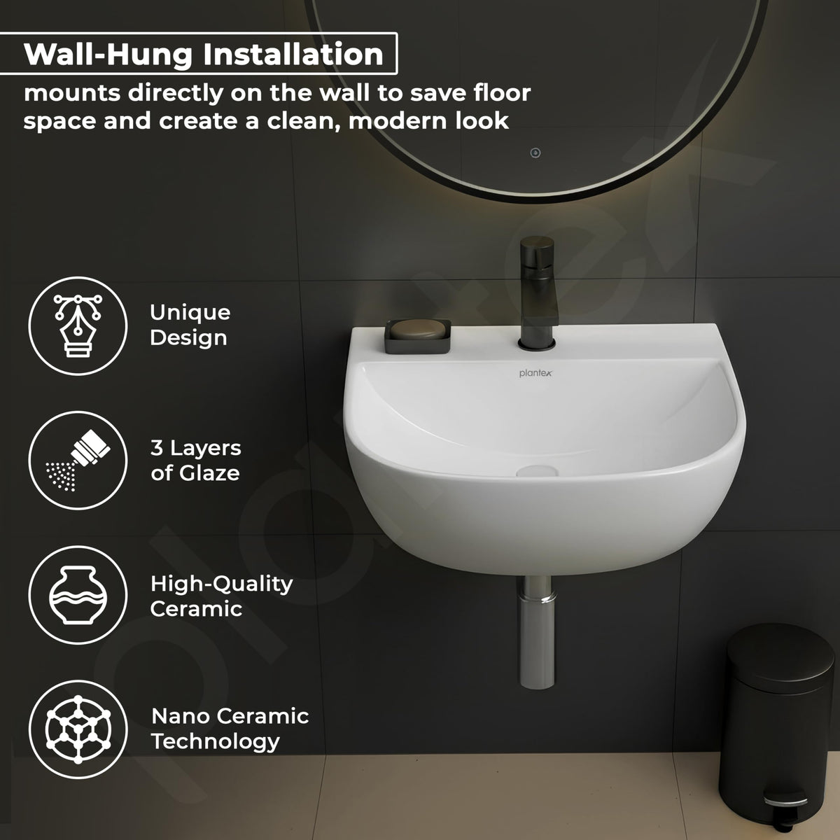 Plantex Ceramic Wall Hung Wash Basin/Washbasin for Bathroom/Wall Mounted Basin With 10 Years Glaze Warranty/Sink for Bathroom/Living Room (Orchid -White-15.5x 13x 5.5 Inch)