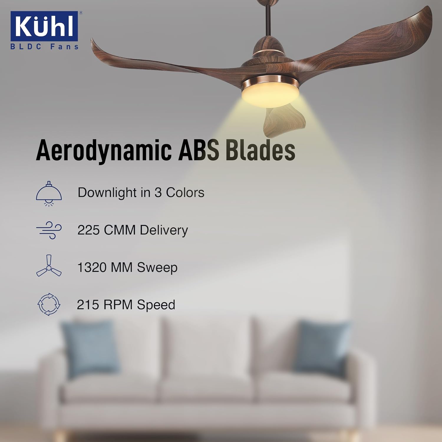 KUHL Glanz F3 1320mm Stylish Power Saving BLDC Ceiling Fan With Remote | Down Light | 30W | 5 Star | IoT - Operate Via Mobile&Alexa | Reverse Mode | Free Installation |Teak