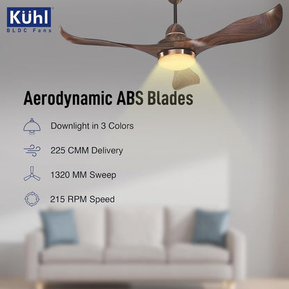 KUHL Glanz F3 1320mm Stylish Power Saving BLDC Ceiling Fan With Remote | Down Light | 30W | 5 Star | IoT - Operate Via Mobile&Alexa | Reverse Mode | Free Installation |Teak