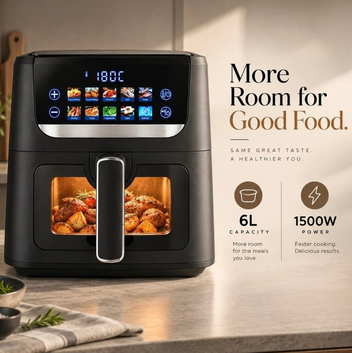 Faber 6.0L BK 1500W Digital Air Fryer | Fry, Bake, Roast | 85% Less Oil,360 hot air circulation | 10-Preset Menu, Touch 