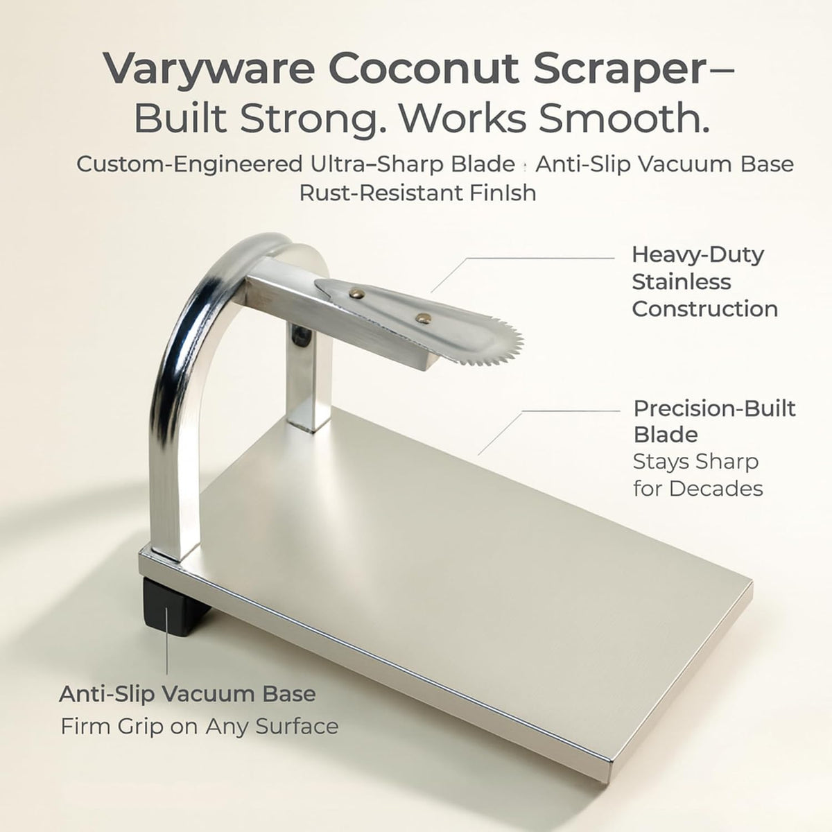 SS304 Tabletop Coconut Scraper Chirava | Manual Coconut Grater with Rubber Grip Base | Stainless Steel, Heavy Duty | Sits Firm on Tables & Slabs | Scrapes, Grates, Shreds — Kitchen & Home Use