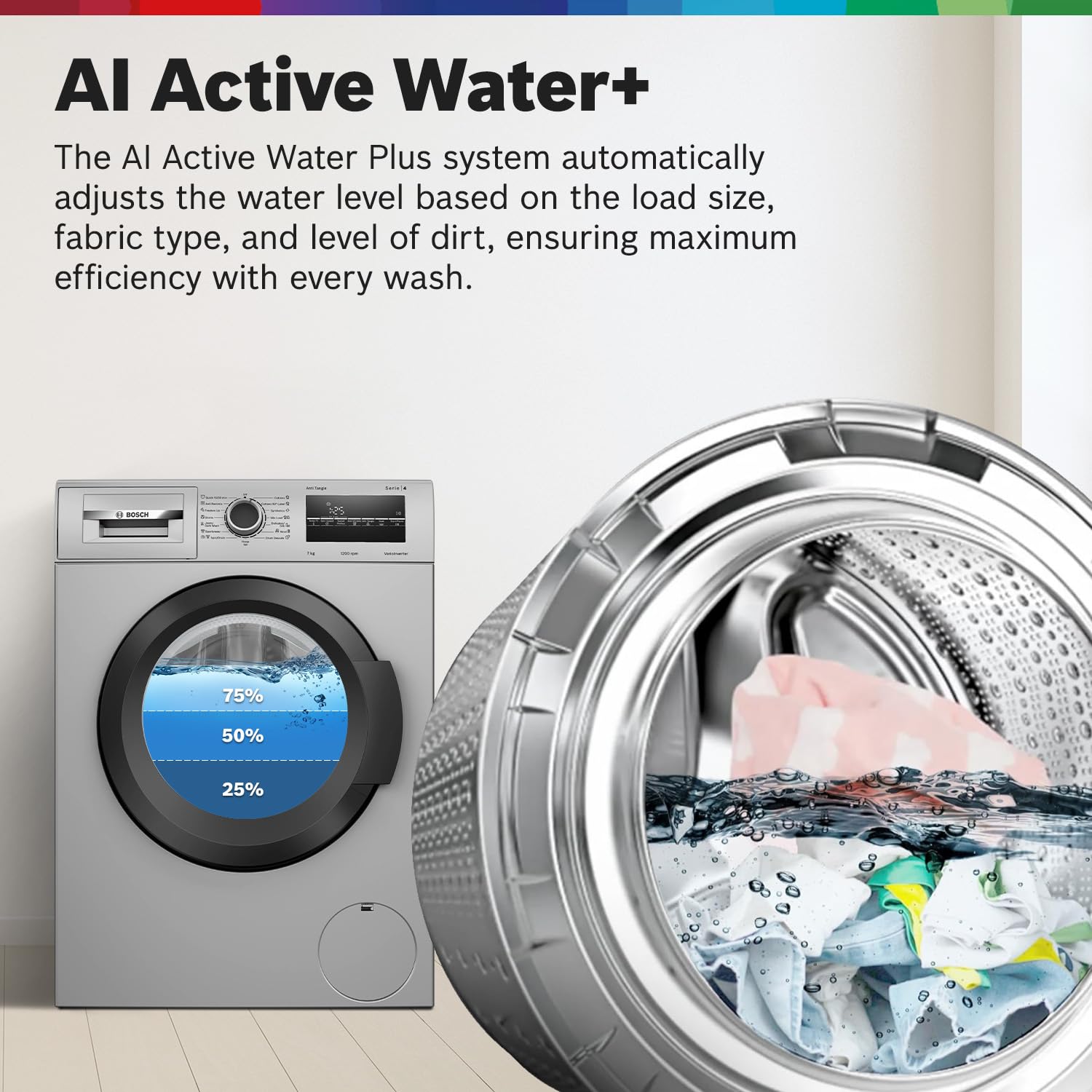 Bosch 7 kg, 5 Star, AI active water+, Anti-Wrinkle, Anti-Tangle, Anti Bacteria Steam, Fully-Automatic Front Loading Washing Machine (WAJ24266IN, In-Built Heater, Silver)