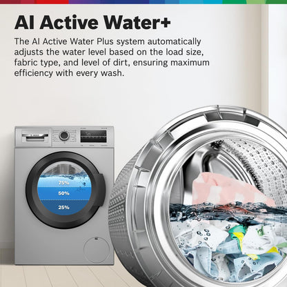 Bosch 7 kg, 5 Star, AI active water+, Anti-Wrinkle, Anti-Tangle, Anti Bacteria Steam, Fully-Automatic Front Loading Washing Machine (WAJ24266IN, In-Built Heater, Silver)