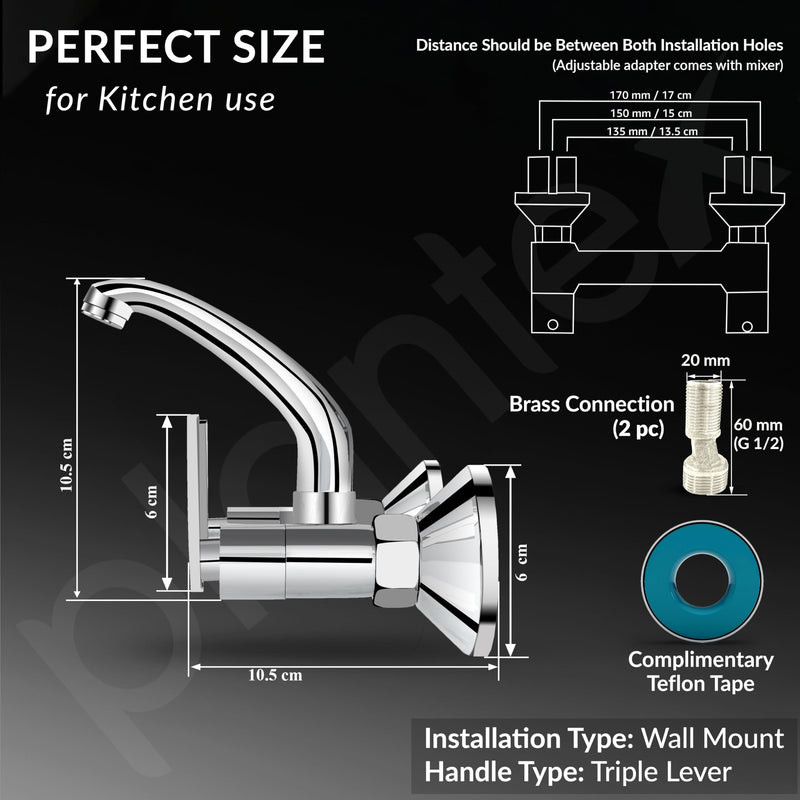 Plantex Sink Cock for Kitchen Sink/360 Degree Rotating with Foam Flow/Wall Mount Swan Neck with Wall Flange and Teflon Tape - Pack of 1 (Chrome, 3523)-5