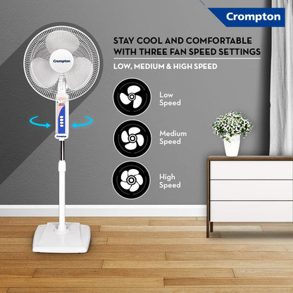 Crompton Wave Plus 400 mm High Speed Pedestal Fan | Adjustable Height | Smooth Oscillation | Superior Air Delivery | 2 Year Warranty | White