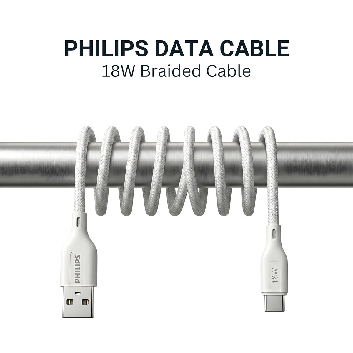 Philips DLC4130AW/94 18W Type-A to Type-C Fast Charging Cable (1m, Bright White)