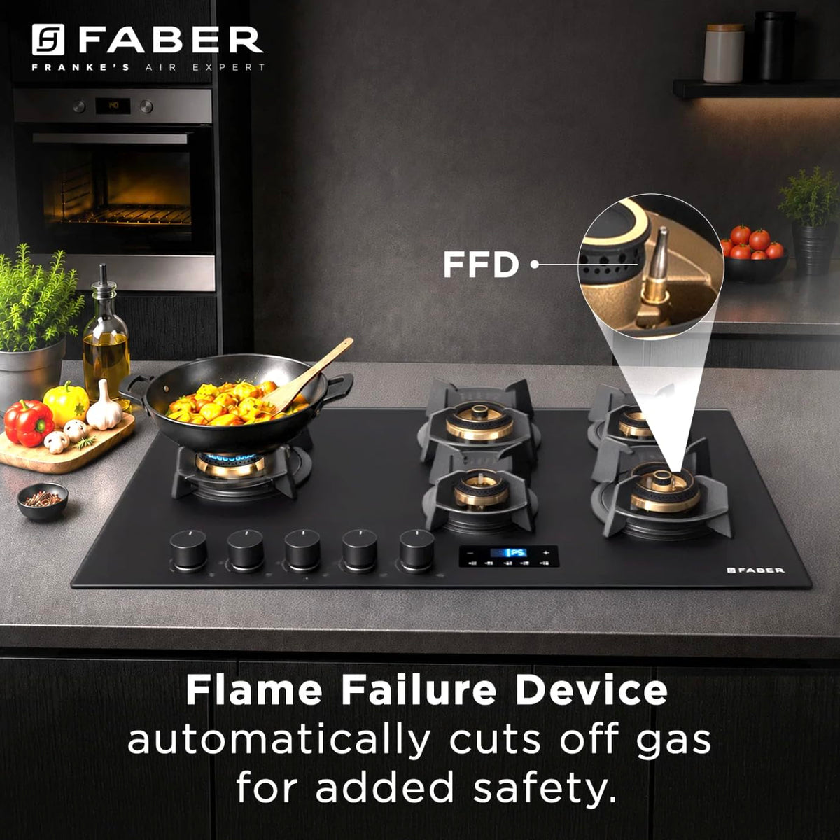 Faber 5 Burner 90Cm Hybrid HOB| Multiple Timer & Power Level Display |3.6Kw Brass Burner|Free Installation|2 Years Compr