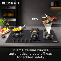 Faber 5 Burner 90Cm Hybrid HOB| Multiple Timer & Power Level Display |3.6Kw Brass Burner|Free Installation|2 Years Compr