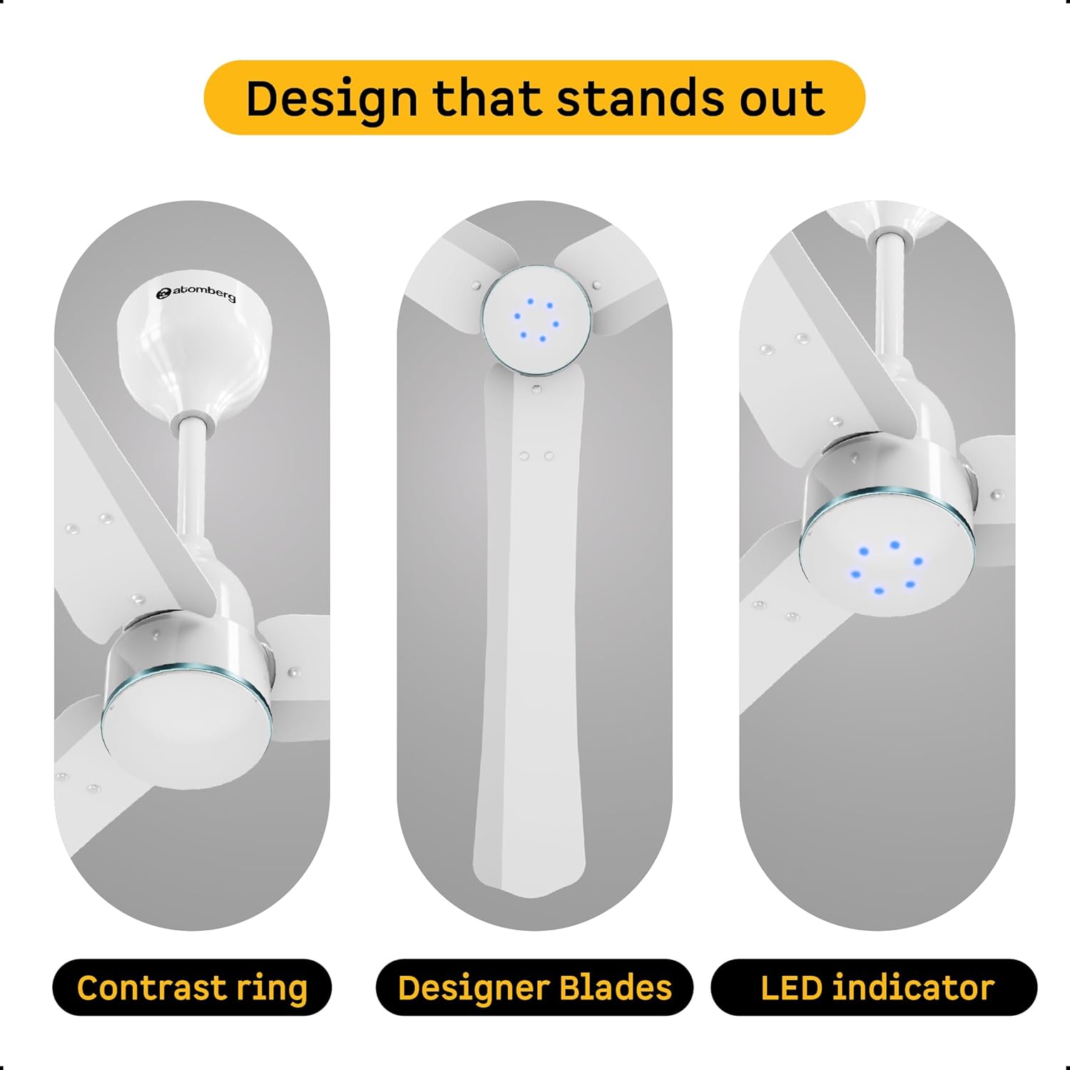 atomberg Renesa Halo Smart Alexa Enabled 1200mm BLDC Ceiling Fan with Remote | BEE 5 star | High Air Delivery |Low noise |LED Speed Indicator |Sleek Design | | 3 Year Warranty| Gloss White & Blue Ring