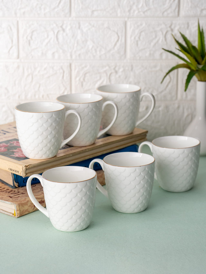 Clay Craft Impression Ceramic Gold Line Coffee Mugs/Tea Cups Set of 6 Pieces, 200ml, White (Omega)