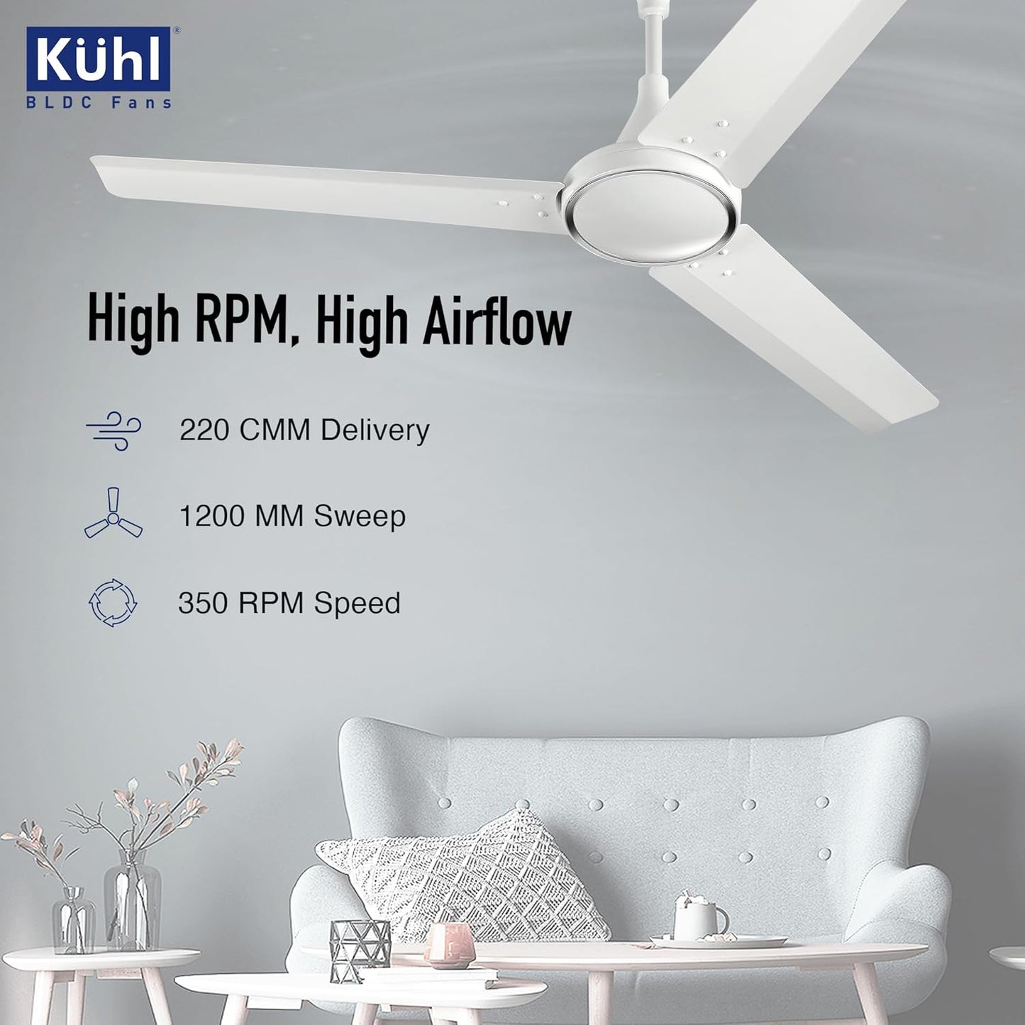 KUHL Prima A4 1200mm Decorative Power Saving BLDC Ceiling Fan with Remote | 29W | Saves upto 65% Electricity | 5 Star | High Air Flow | Stylish Design | White