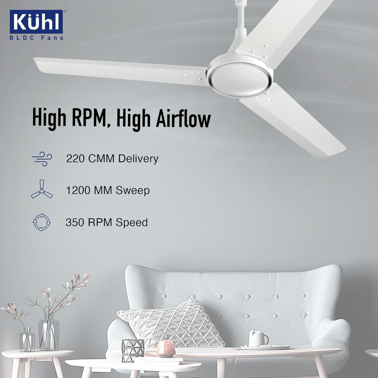 KUHL Prima A4 1200mm Decorative Power Saving BLDC Ceiling Fan with Remote | 29W | Saves upto 65% Electricity | 5 Star | High Air Flow | Stylish Design | White