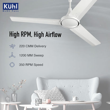 KUHL Prima A4 1200mm Decorative Power Saving BLDC Ceiling Fan with Remote | 29W | Saves upto 65% Electricity | 5 Star | High Air Flow | Stylish Design | White