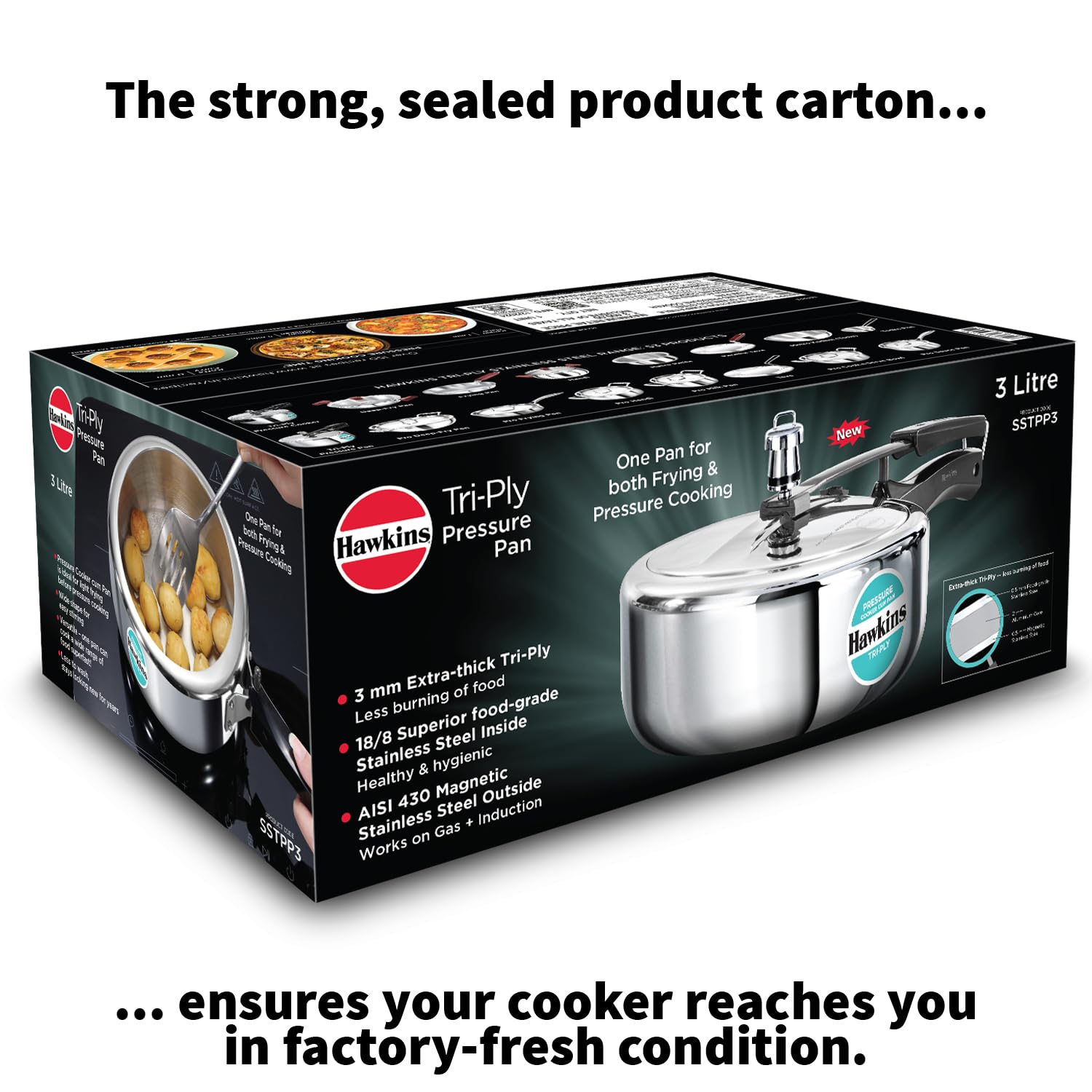 Hawkins 3 Litre Tri-Ply Pressure Cooker cum Pan, Triply Stainless Steel Inner Lid Cooker, Pan, Silver (SSTPP3)