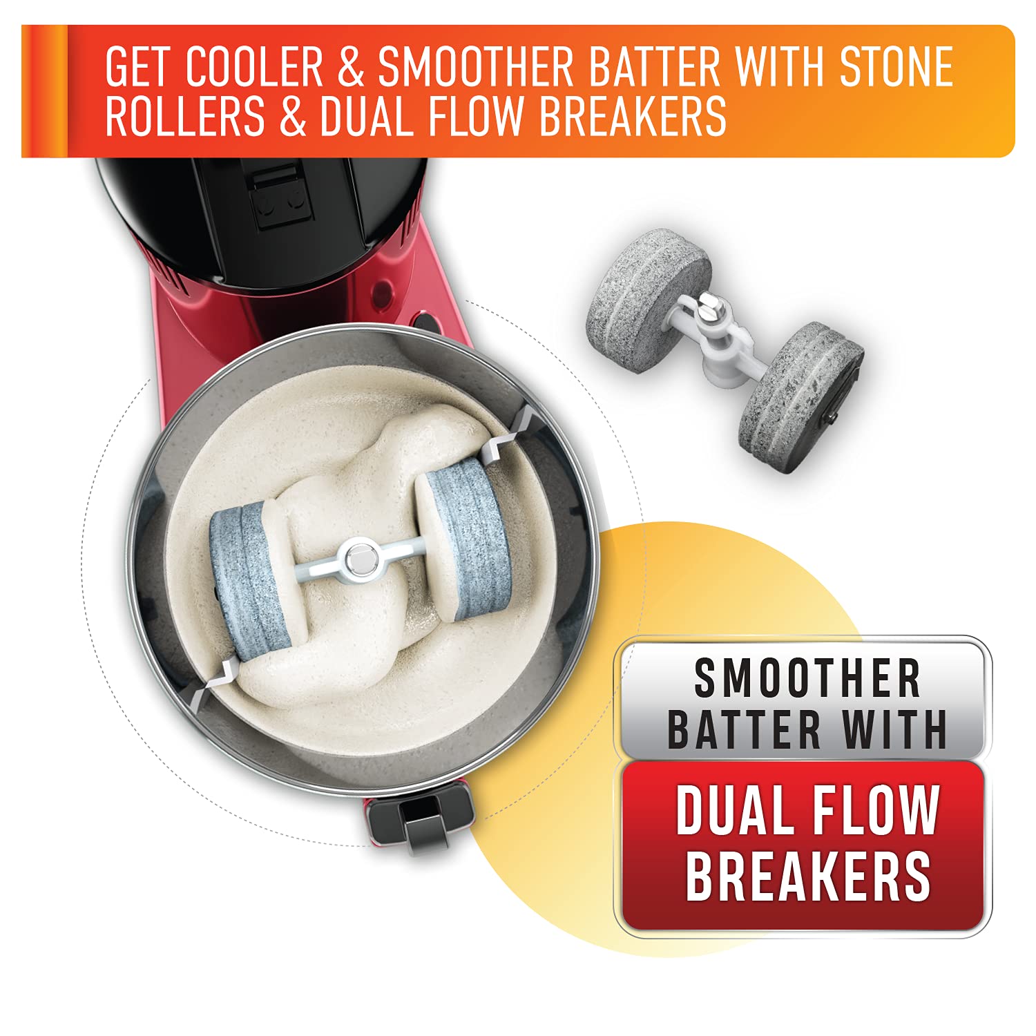 USHA ABS Colossal DLX Wet Grinder 150 W, 2 LTR, 100% Copper Motor and Dual Flow Breakers for Faster, Smooth Batter with Atta Kneader and Coconut Scrapper (Red)