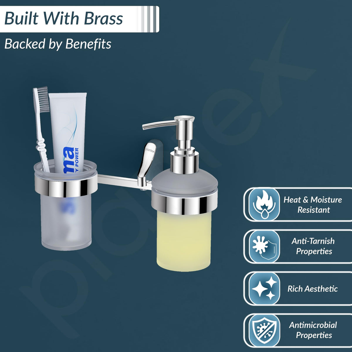 Plantex Smooth Brass 2in1 Glass Tumbler Holder with Handwash Dispenser - Multiuse (UN-1739)-4