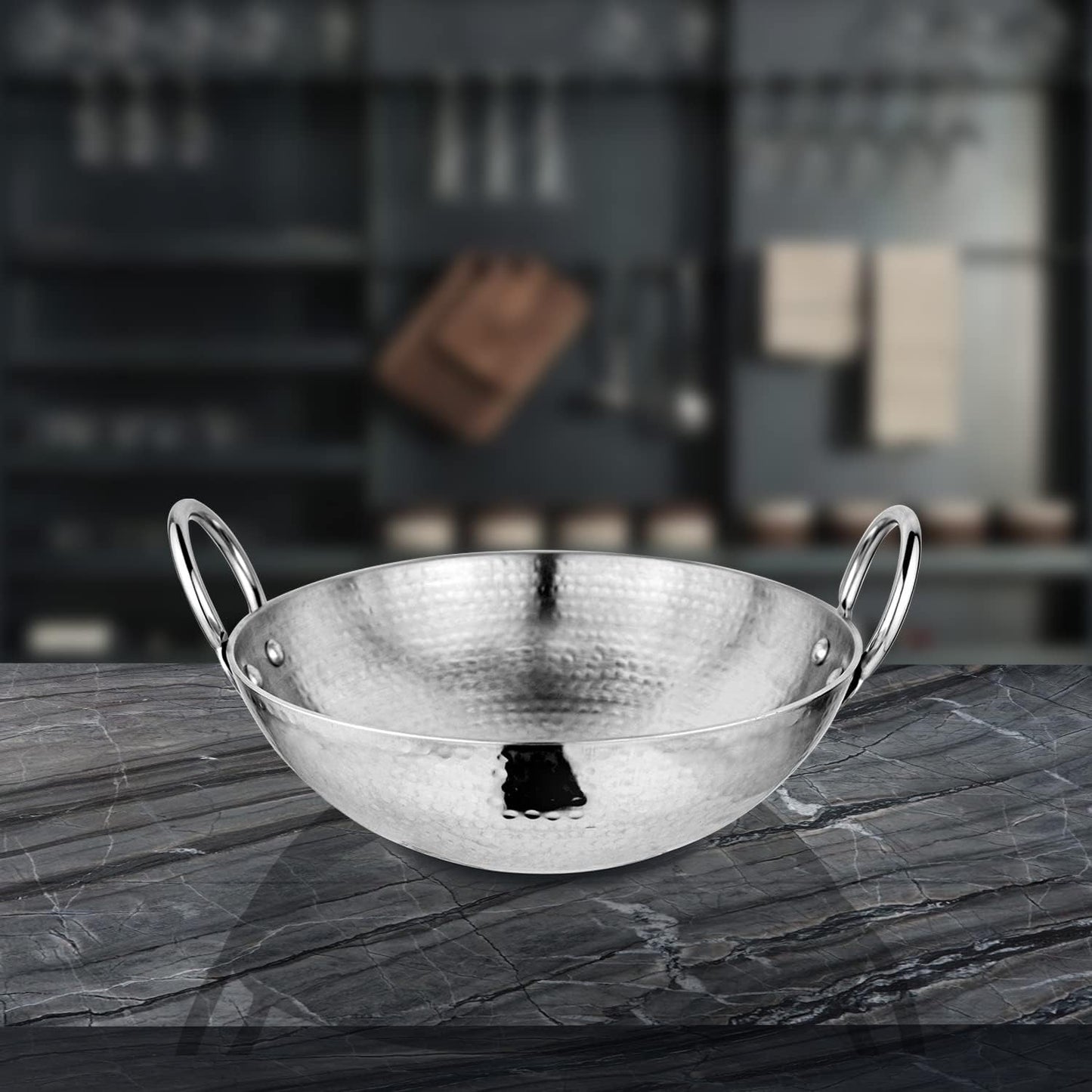 Dynore Stainless Steel Hammered Kadhai/Heavy Bottom Cookware/Kadhai/Kadhai for Kitchen/Utensils for Cooking, Deep Frying with Handle 1.5 LTR