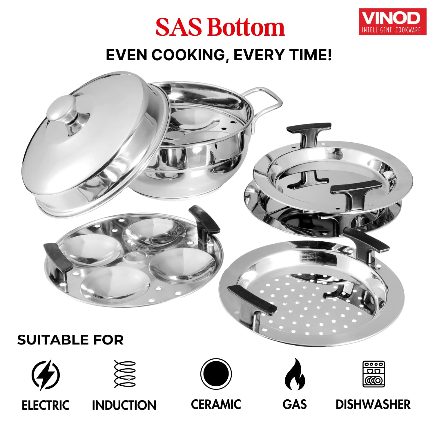 Vinod Gen-Z 1 liter Stainless Steel Multi Kadai with 6 Plates - 19 cm| 2 Idli, 2 Dhokla and 1 Patra Plate | All In One Multi Purpose Kadhai | Induction and Gas Base | Small - 2 Year Warranty