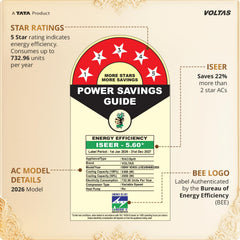 Voltas 1.5 ton 5 Star, New star rated, Inverter Split AC (Copper, Convertible 6-in-1 Cooling Modes, Auto Clean, Sleep Mode with Hidden Display, Memory Restart (185INV VENUS LUXE, White)