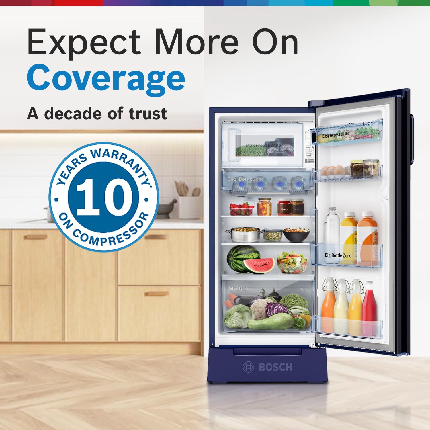 BOSCH 187L, 4 Star, Single Door Refrigerator with Industry's largest base drawer, vegetable box* & Beverage space (CST18B34PI, Feather blue) 18 Hr Cooling Retention, 2.5x Cooling, inverter compressor