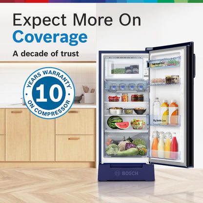 BOSCH 187L, 4 Star, Single Door Refrigerator with Industry's largest base drawer, vegetable box* & Beverage space (CST18B34PI, Feather blue) 18 Hr Cooling Retention, 2.5x Cooling, inverter compressor