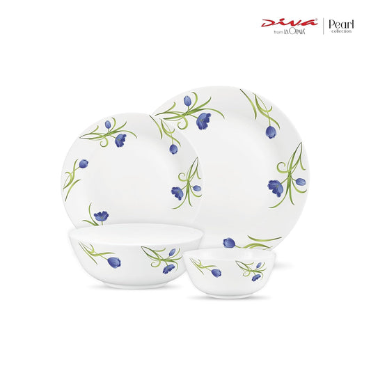 Diva by La Opala, Pearl Collection, Opal Glass Dinner Set 20 pcs, Turquoise Trims, White