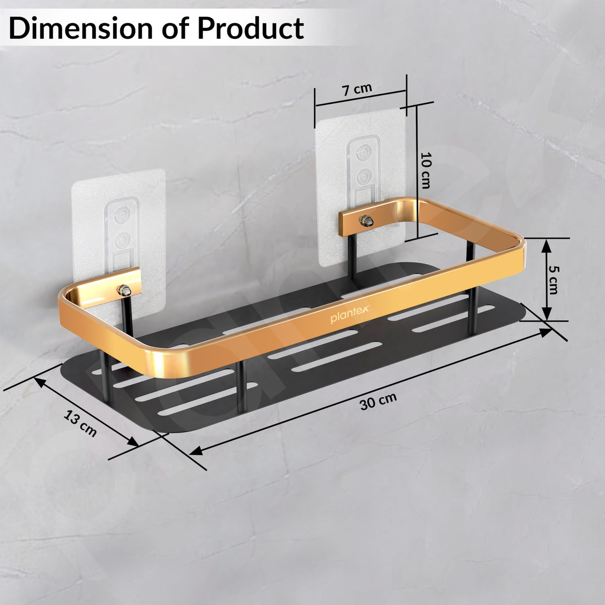 Plantex Self Adhesive Bathroom Shelf/Bathroom Shelf for Wall Adhesive/Aluminium Wall Mounted Rack for Kitchen with Golden Railing and Magic Stickers-(12x5 inches, Gold & Black)-5