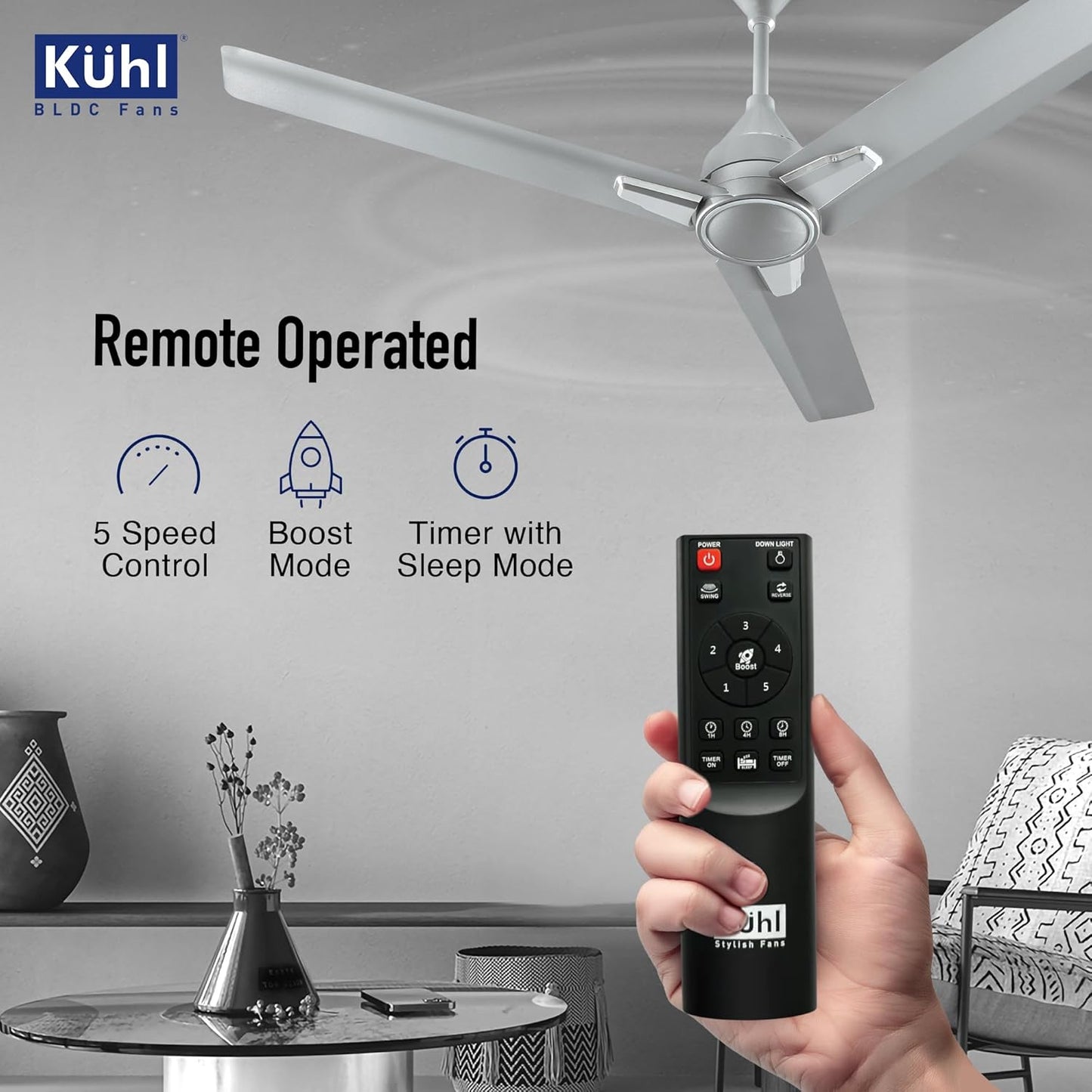 KUHL Arctis A1 1200 Mm 65% Power Saving Bldc Ceiling Fan With Remote | Bee 5 Star Rated & Isi Marked | High Air Flow | 5 Year Warranty | Grey