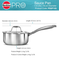 Hawkins Pro 1.5 Litre Sauce Pan, Tri-Ply Stainless Steel Tea Pan/Milk Pan with Stainless Steel Lid, Silver (PSSP15S)