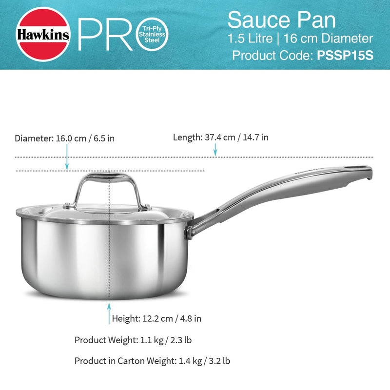 Hawkins Pro 1.5 Litre Sauce Pan, Tri-Ply Stainless Steel Tea Pan/Milk Pan with Stainless Steel Lid, Silver (PSSP15S)
