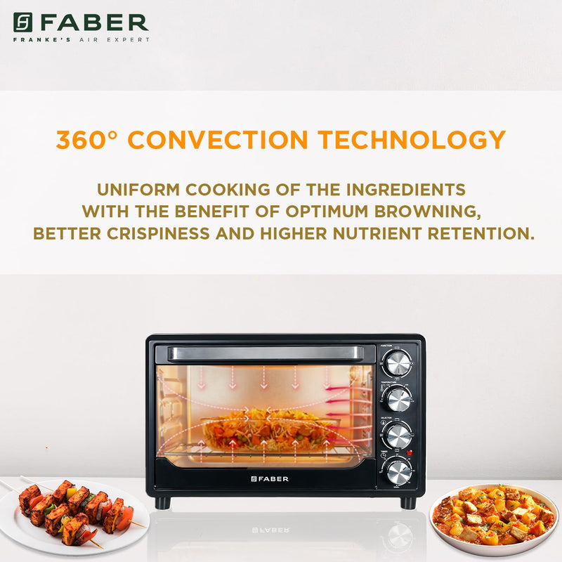 Faber 34L Double Glazed 1600W OTG|Bake, Toast, Roast, Grill|6 Functions, Upper & Lower Heating, Rotisserie, 360° Convection,Crumb Tray, Double Glaze Glass|Bake Plate, Pizza Plate, Silicon Gloves|Black