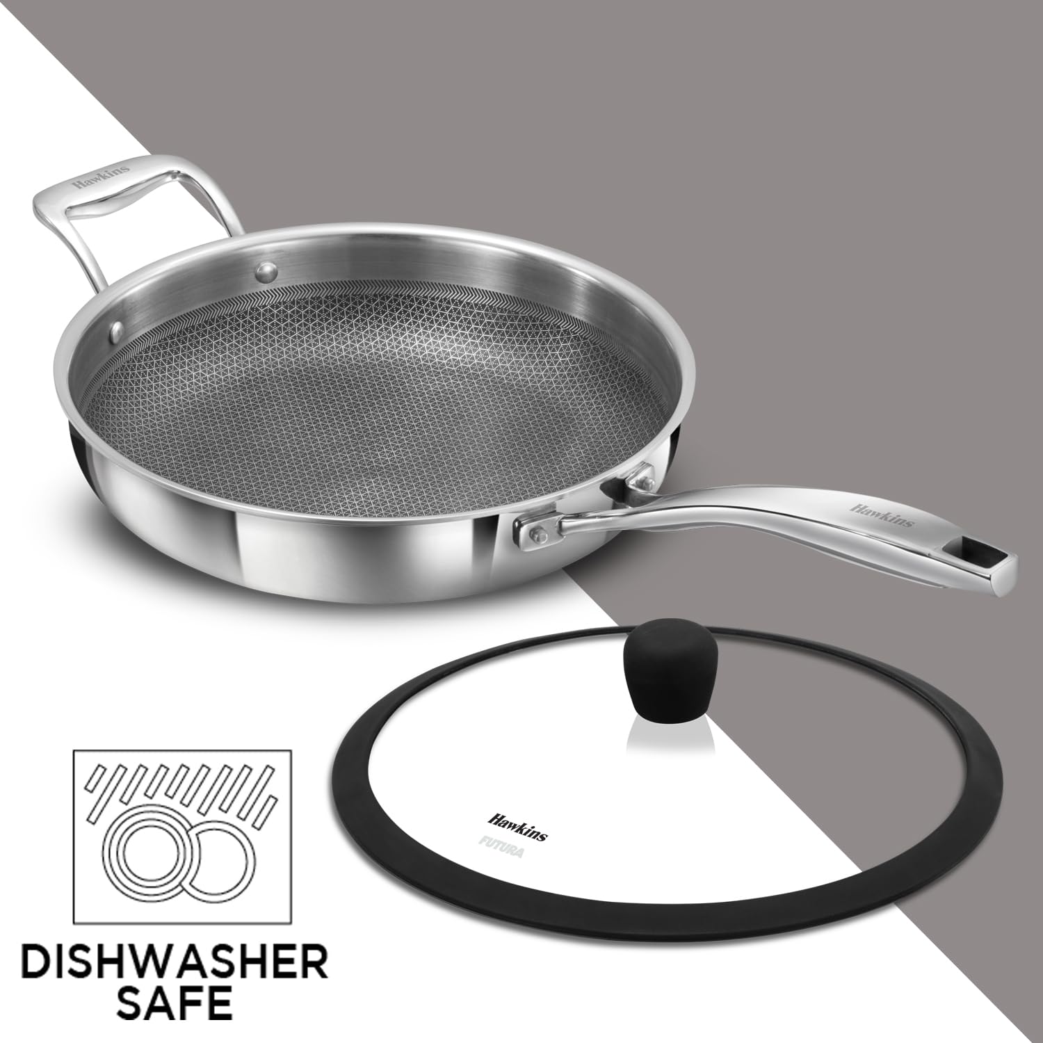 Hawkins Pro 26 cm Shielded Nonstick Triply Frying Pan, Fry Pan with Stainless Steel Handle and Glass Lid, Silver (PSNF26G)