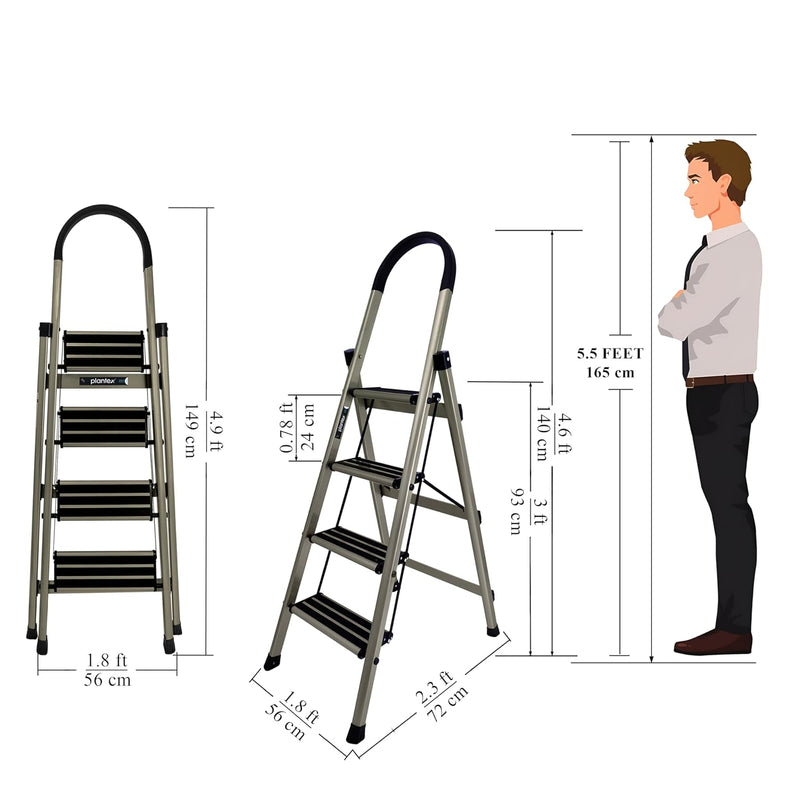 Plantex Guardex 4 Step Foldable Aluminum Ladder for Home/Ladder with Anti-Slip Shoes and Edge Guards/5 Year Manufacturer Warranty (Anodize Coated-Gold)