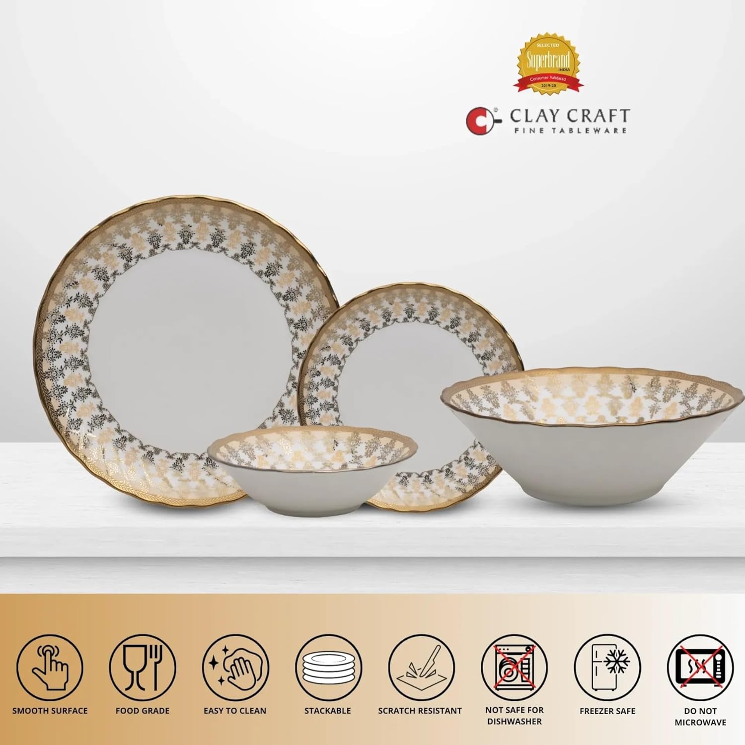 Clay Craft Fine Ceramic Ebony Dinner Set, Enchanting Gold, for Family of 4, Dinner Set Ceramic, Crockery Set, Dining Set for Dinner, Crockery Set for Gift, Kitchen Set (13 Pieces, E625)