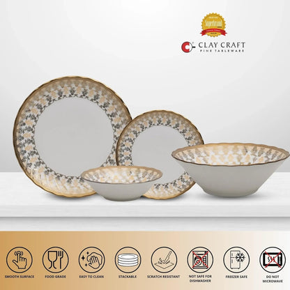 Clay Craft Fine Ceramic Ebony Dinner Set, Enchanting Gold, for Family of 4, Dinner Set Ceramic, Crockery Set, Dining Set for Dinner, Crockery Set for Gift, Kitchen Set (13 Pieces, E625)